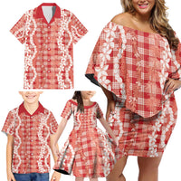 Hawaiian Ohia Lehua Lei Family Matching Off Shoulder Short Dress and Hawaiian Shirt Plaid Palaka Ulaula Pattern - Polynesian Pride