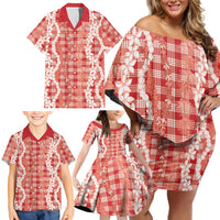 Hawaiian Ohia Lehua Lei Family Matching Off Shoulder Short Dress and Hawaiian Shirt Plaid Palaka Ulaula Pattern - Polynesian Pride