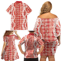 Hawaiian Ohia Lehua Lei Family Matching Off Shoulder Short Dress and Hawaiian Shirt Plaid Palaka Ulaula Pattern - Polynesian Pride