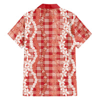 Hawaiian Ohia Lehua Lei Family Matching Off Shoulder Short Dress and Hawaiian Shirt Plaid Palaka Ulaula Pattern - Polynesian Pride