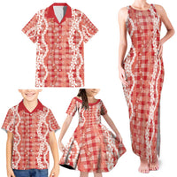 Hawaiian Ohia Lehua Lei Family Matching Tank Maxi Dress and Hawaiian Shirt Plaid Palaka Ulaula Pattern - Polynesian Pride