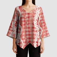 Hawaiian Ohia Lehua Lei Kimono Sleeve Blouse Plaid Palaka Ulaula Pattern - Polynesian Pride