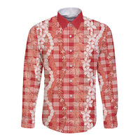 Hawaiian Ohia Lehua Lei Long Sleeve Button Shirt Plaid Palaka Ulaula Pattern - Polynesian Pride