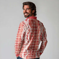 Hawaiian Ohia Lehua Lei Long Sleeve Polo Shirt Plaid Palaka Ulaula Pattern - Polynesian Pride