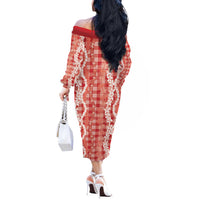 Hawaiian Ohia Lehua Lei Off The Shoulder Long Sleeve Dress Plaid Palaka Ulaula Pattern - Polynesian Pride