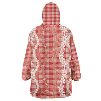 Hawaiian Ohia Lehua Lei Wearable Blanket Hoodie Plaid Palaka Ulaula Pattern - Polynesian Pride