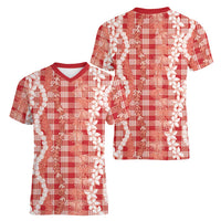 Hawaiian Ohia Lehua Lei Women V-Neck T-Shirt Plaid Palaka Ulaula Pattern - Polynesian Pride