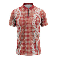 Hawaiian Ohia Lehua Lei Zipper Polo Shirt Plaid Palaka Ulaula Pattern - Polynesian Pride