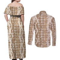 Hawaiian Ohia Lehua Lei Couples Matching Off Shoulder Maxi Dress and Long Sleeve Button Shirt Plaid Palaka Kalaihaahaa Pattern - Polynesian Pride