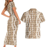 Hawaiian Ohia Lehua Lei Couples Matching Short Sleeve Bodycon Dress and Hawaiian Shirt Plaid Palaka Kalaihaahaa Pattern - Polynesian Pride