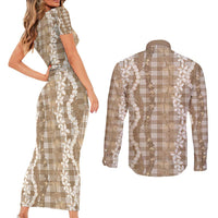 Hawaiian Ohia Lehua Lei Couples Matching Short Sleeve Bodycon Dress and Long Sleeve Button Shirt Plaid Palaka Kalaihaahaa Pattern LT9 - Polynesian Pride