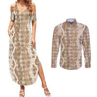 Hawaiian Ohia Lehua Lei Couples Matching Summer Maxi Dress and Long Sleeve Button Shirt Plaid Palaka Kalaihaahaa Pattern LT9 Tan - Polynesian Pride