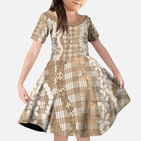 Hawaiian Ohia Lehua Lei Family Matching Mermaid Dress and Hawaiian Shirt Plaid Palaka Kalaihaahaa Pattern LT9 Daughter's Dress Tan - Polynesian Pride