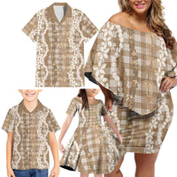 Hawaiian Ohia Lehua Lei Family Matching Off Shoulder Short Dress and Hawaiian Shirt Plaid Palaka Kalaihaahaa Pattern - Polynesian Pride