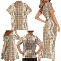 Hawaiian Ohia Lehua Lei Family Matching Short Sleeve Bodycon Dress and Hawaiian Shirt Plaid Palaka Kalaihaahaa Pattern - Polynesian Pride