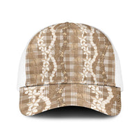 Hawaiian Ohia Lehua Lei Mesh Trucker Cap Plaid Palaka Kalaihaahaa Pattern LT9 One Size White Tan - Polynesian Pride