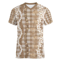 Hawaiian Ohia Lehua Lei Women V-Neck T-Shirt Plaid Palaka Kalaihaahaa Pattern LT9 Female Tan - Polynesian Pride