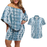 Hawaiian Ohia Lehua Lei Couples Matching Off Shoulder Short Dress and Hawaiian Shirt Plaid Palaka Uliuli Omaomao Pattern LT9 Teal - Polynesian Pride