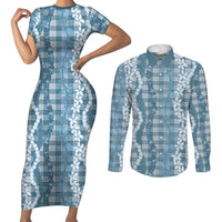 Hawaiian Ohia Lehua Lei Couples Matching Short Sleeve Bodycon Dress and Long Sleeve Button Shirt Plaid Palaka Uliuli Omaomao Pattern LT9 Teal - Polynesian Pride