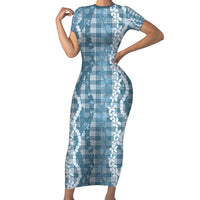 Hawaiian Ohia Lehua Lei Family Matching Short Sleeve Bodycon Dress and Hawaiian Shirt Plaid Palaka Uliuli Omaomao Pattern LT9 Teal - Polynesian Pride