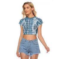 Hawaiian Ohia Lehua Lei Raglan Cropped T Shirt Plaid Palaka Uliuli Omaomao Pattern - Polynesian Pride