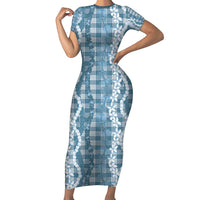 Hawaiian Ohia Lehua Lei Short Sleeve Bodycon Dress Plaid Palaka Uliuli Omaomao Pattern - Polynesian Pride