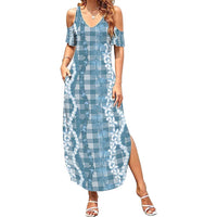 Hawaiian Ohia Lehua Lei Summer Maxi Dress Plaid Palaka Uliuli Omaomao Pattern - Polynesian Pride
