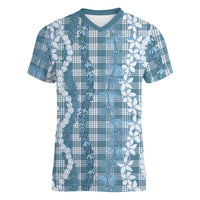 Hawaiian Ohia Lehua Lei Women V-Neck T-Shirt Plaid Palaka Uliuli Omaomao Pattern LT9 Female Teal - Polynesian Pride