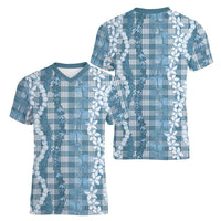 Hawaiian Ohia Lehua Lei Women V-Neck T-Shirt Plaid Palaka Uliuli Omaomao Pattern LT9 - Polynesian Pride