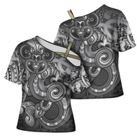 Aotearoa Maori Hei Tiki Cross Shoulder Shirt Kiwikiwi Kowhaiwhai Puhoro Motif LT9 - Polynesian Pride