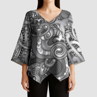 Aotearoa Maori Hei Tiki Kimono Sleeve Blouse Kiwikiwi Kowhaiwhai Puhoro Motif