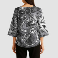 Aotearoa Maori Hei Tiki Kimono Sleeve Blouse Kiwikiwi Kowhaiwhai Puhoro Motif