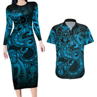 Aotearoa Maori Hei Tiki Couples Matching Long Sleeve Bodycon Dress and Hawaiian Shirt Kikorangi Kowhaiwhai Puhoro Motif LT9 Blue - Polynesian Pride