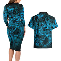 Aotearoa Maori Hei Tiki Couples Matching Long Sleeve Bodycon Dress and Hawaiian Shirt Kikorangi Kowhaiwhai Puhoro Motif LT9 - Polynesian Pride