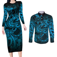 Aotearoa Maori Hei Tiki Couples Matching Long Sleeve Bodycon Dress and Long Sleeve Button Shirt Kikorangi Kowhaiwhai Puhoro Motif LT9 Blue - Polynesian Pride