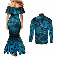Aotearoa Maori Hei Tiki Couples Matching Mermaid Dress and Long Sleeve Button Shirt Kikorangi Kowhaiwhai Puhoro Motif LT9 - Polynesian Pride