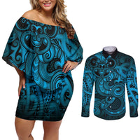 Aotearoa Maori Hei Tiki Couples Matching Off Shoulder Short Dress and Long Sleeve Button Shirt Kikorangi Kowhaiwhai Puhoro Motif