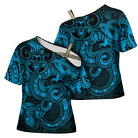 Aotearoa Maori Hei Tiki Cross Shoulder Shirt Kikorangi Kowhaiwhai Puhoro Motif LT9 - Polynesian Pride