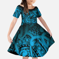 Aotearoa Maori Hei Tiki Family Matching Off The Shoulder Long Sleeve Dress and Hawaiian Shirt Kikorangi Kowhaiwhai Puhoro Motif LT9 Daughter's Dress Blue - Polynesian Pride