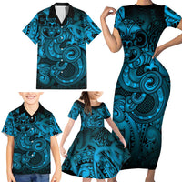 Aotearoa Maori Hei Tiki Family Matching Short Sleeve Bodycon Dress and Hawaiian Shirt Kikorangi Kowhaiwhai Puhoro Motif LT9 - Polynesian Pride