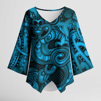 Aotearoa Maori Hei Tiki Kimono Sleeve Blouse Kikorangi Kowhaiwhai Puhoro Motif