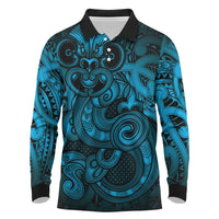 Aotearoa Maori Hei Tiki Long Sleeve Polo Shirt Kikorangi Kowhaiwhai Puhoro Motif