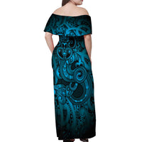 Aotearoa Maori Hei Tiki Off Shoulder Maxi Dress Kikorangi Kowhaiwhai Puhoro Motif