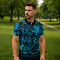 Aotearoa Maori Hei Tiki Zipper Polo Shirt Kikorangi Kowhaiwhai Puhoro Motif