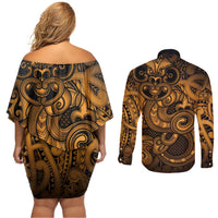Aotearoa Maori Hei Tiki Couples Matching Off Shoulder Short Dress and Long Sleeve Button Shirt Koura Kowhaiwhai Puhoro Motif