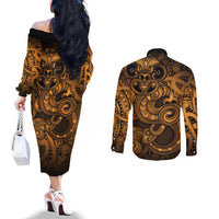 Aotearoa Maori Hei Tiki Couples Matching Off The Shoulder Long Sleeve Dress and Long Sleeve Button Shirt Koura Kowhaiwhai Puhoro Motif