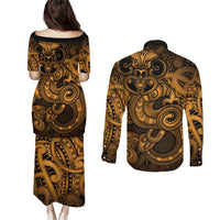 Aotearoa Maori Hei Tiki Couples Matching Puletasi and Long Sleeve Button Shirt Koura Kowhaiwhai Puhoro Motif