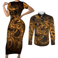 Aotearoa Maori Hei Tiki Couples Matching Short Sleeve Bodycon Dress and Long Sleeve Button Shirt Koura Kowhaiwhai Puhoro Motif