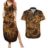 Aotearoa Maori Hei Tiki Couples Matching Summer Maxi Dress and Hawaiian Shirt Koura Kowhaiwhai Puhoro Motif LT9 Gold - Polynesian Pride