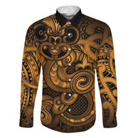 Aotearoa Maori Hei Tiki Family Matching Off Shoulder Maxi Dress and Hawaiian Shirt Koura Kowhaiwhai Puhoro Motif LT9 Dad's Shirt - Long Sleeve Gold - Polynesian Pride